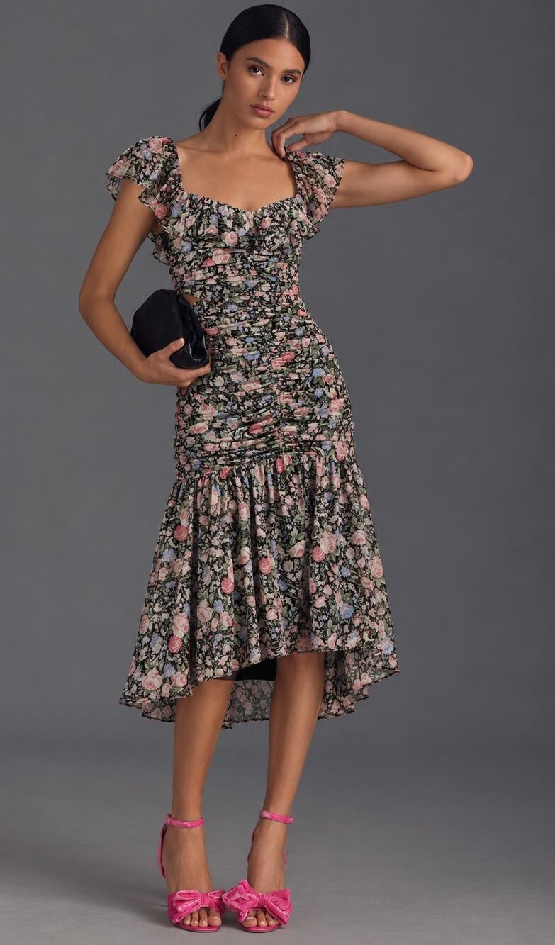 NWOT ASTR Devereaux Floral Chiffon Midi Dress In black Floral, Sm $198